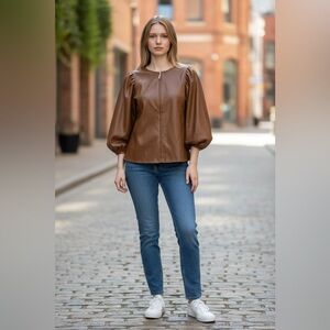 Marc New York Brown Soft Faux Leather Top with Gold Zipper Puff Sleeve Size M